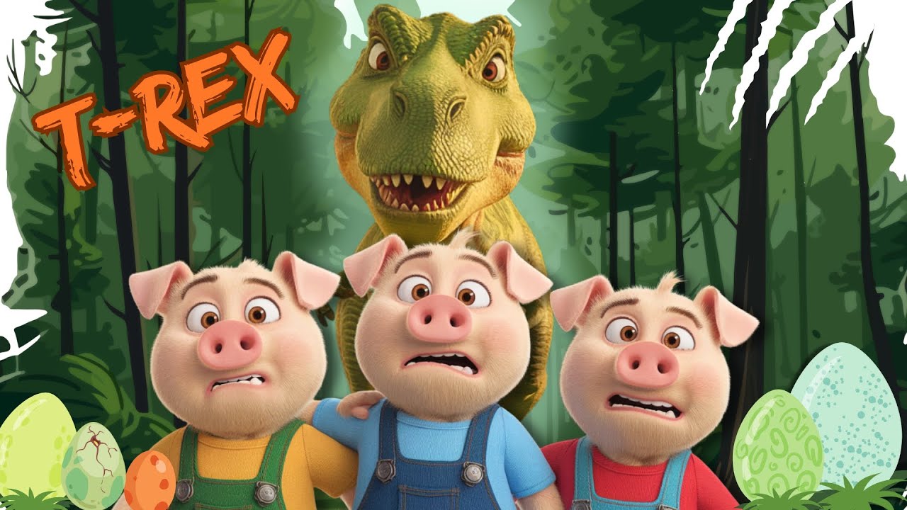 Capa do Video The Three Little Pigs and the DINOSAUR T-REX Island Adventure! #3littlepigs #trex